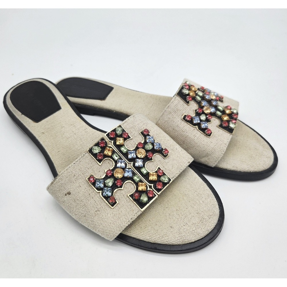 Tory Burch Ines Embellished Linen Slides Slip on Sandals in Natural Size 11